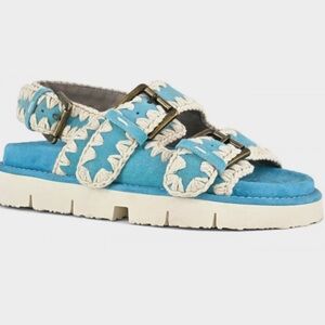 NWOT Mou Bio Two Buckles Back Strap Crochet Sandals Teal Size 36/6